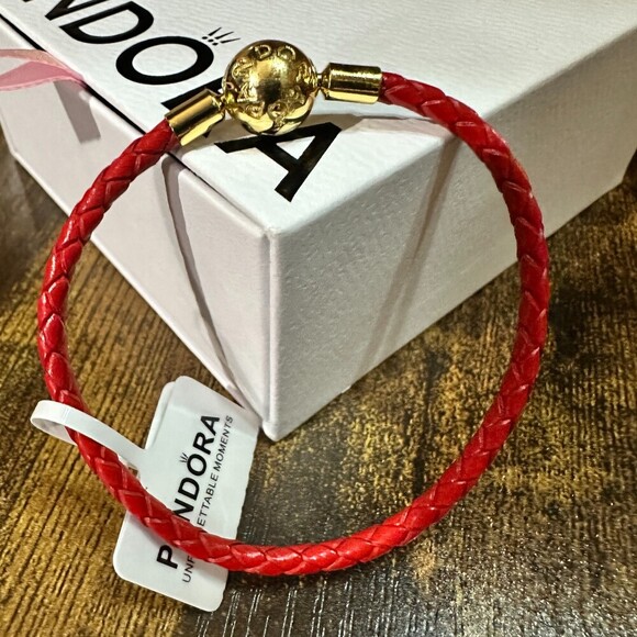 Authentic Pandora Red Leather Braided Wrap Bracelet, Gold Plated Clasp, SZ 19CM - Picture 3 of 4